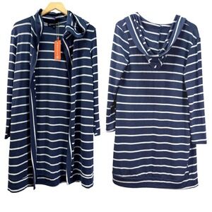 Wantable Lightweight Stripe Hooded Cardigan Open Front Women S Blue Nautical NEW